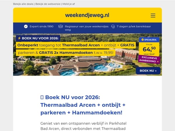 💥 Boek NU voor HÉÉL 2026: ONBEPERKT entree Thermaalbad Arcen + LUXE ontbijt + parkeren + GRATIS 2x Hammamdoeken v.a. 64,50 pp! 🤯