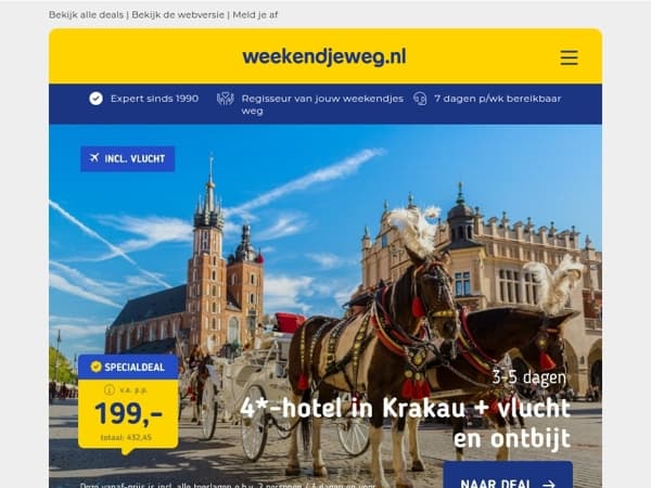 Citytrip! ✈️ 4*-hotel Krakau + ontbijt v.a. 189 | 2 dgn onbeperkt Sanadome Nijmegen + ontbijt v.a. 110 p.p.!