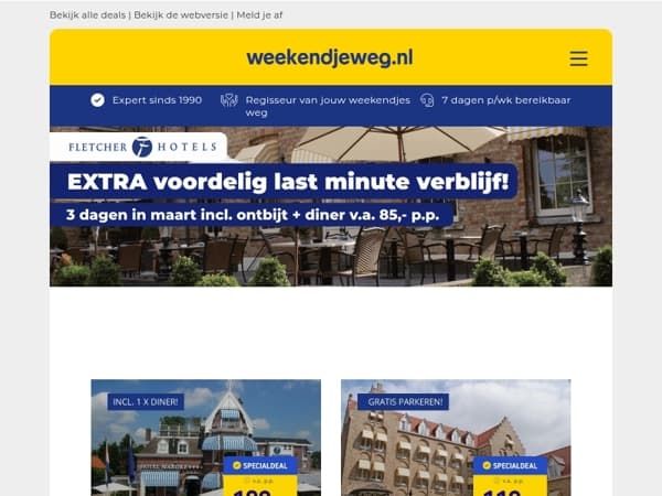 🔥 Maart DEAL: Verblijf deze maand EXTRA voordelig bij Fletcher ⏰👉 3 dgn + ontbijt + diner v.a. 85,- p.p.! 😱