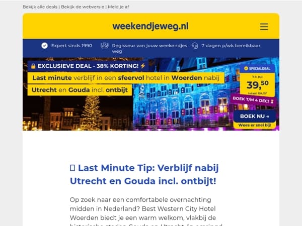 💥 -39% Last Minute KORTING! ⏰ Verblijf nabij Utrecht & Gouda + ontbijt v.a. SLECHTS 39,50 p.p. 😱