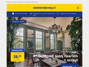 Uniek overnachten! ✨ 4*-landgoedhotel nabij Amsterdam + ontbijt & gratis parkeren v.a. 39,- p.p. | LUXE suite in 4*-kasteelhotel Veluwe + ontbijt v.a. 75,50 p.p.