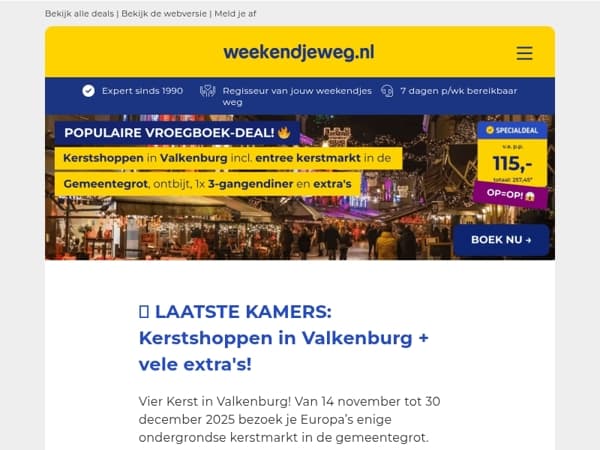 ⏰ LAATSTE KAMERS: Kerstshoppen Valkenburg + entree kerstmarkt + ontbijt + 1x 3-gangendiner + MEER extra's v.a. 115,- p.p.! 🎄💫