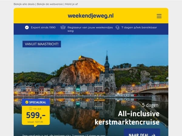 🎄🚢 5-daagse all-in kerstmarkten cruise Dinant v.a. 599 | Surprise hotel Luxemburg + ontbijt v.a. 64,50 p.p.!