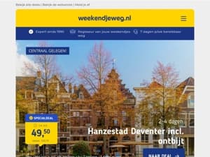 🚀 Begin de week goed met deze deals! 👉 Deventer + ontbijt & gratis parkeren v.a. 49,50 p.p. | 4*-hotel Veluwe + ontbijt & entree wellness v.a. 64,50 p.p. | 4*-hotel Haarlem + ontbijt & koffie met gebak v.a. 62,50 p.p.