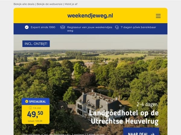 Landgoedhotel Utrechtse Heuvelrug + ontbijt v.a. 49,50 | Luxe 4*-hotel Valkenburg + wilddiner v.a. 75 p.p.! 😱