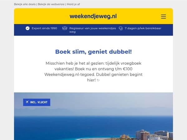 𝗗𝗨𝗕𝗕𝗘𝗟 𝗚𝗘𝗡𝗜𝗘𝗧𝗘𝗡! 🎉 Vakantie Rhodos v.a. 499 | Fly & Drive Griekenland v.a. 599 | Vakantie Gran Canaria v.a. 599!
