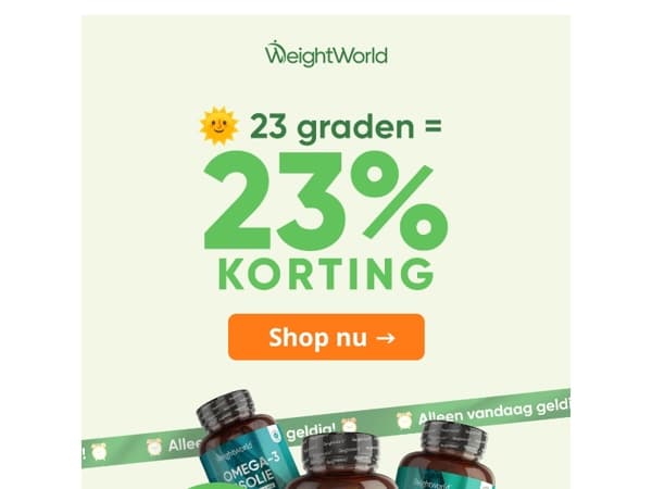 🌞 23 graden = 23% korting!