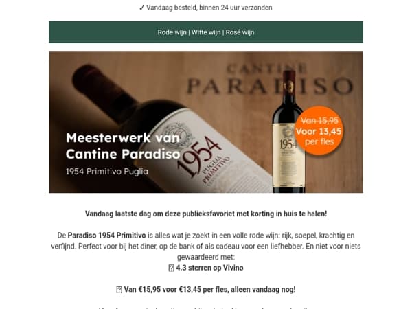 Laatste kans: Paradiso 1954 Primitivo - 4.3★ op Vivino, vandaag voor €13,45!
