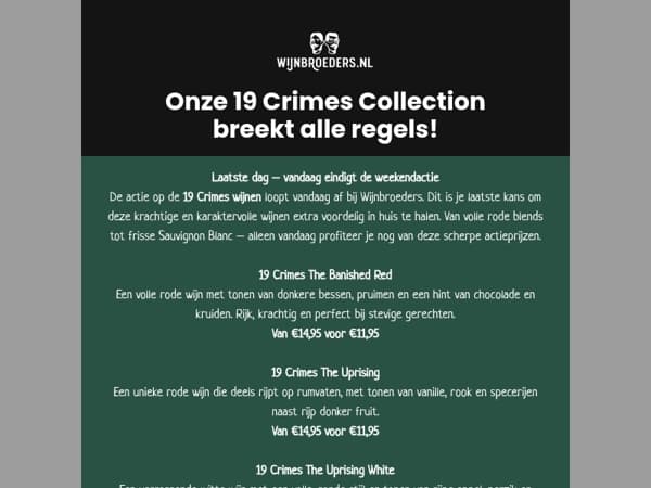 Laatste dag: 19 Crimes wijnen nu vanaf €10,45!
