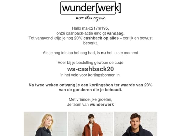 Vandaag laatste dag 20% cashback op alles ma-c217m195