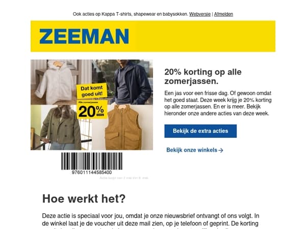 20% korting op alle zomerjassen.
