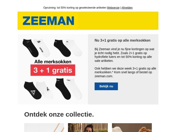 Nu 3+1 gratis op alle merksokken