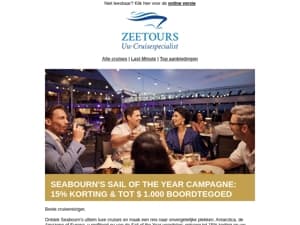 Seabourn's Sail of the Year campagne: 15% korting & tot $1000 boordtegoed