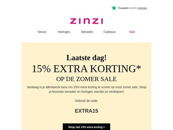 ⏰ Laatste kans: vandaag nog 15% extra korting op de zomer sale!