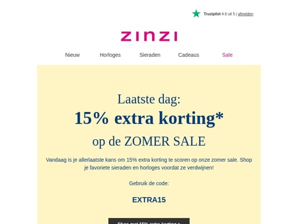 🚨 Alleen vandaag nog: 15% extra korting op de zomersale!