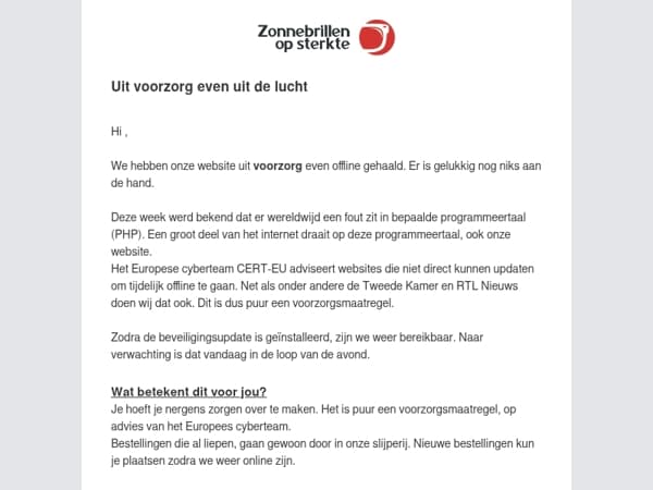 Uit voorzorg is onze website even offline
