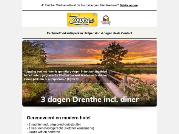 3 dagen Drenthe + diner v.a. 95,-
