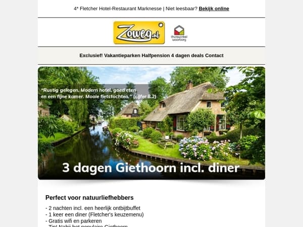 3 dagen Giethoorn + diner v.a. 99,-