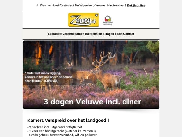 3 dagen Veluwe incl. diner v.a 89,-