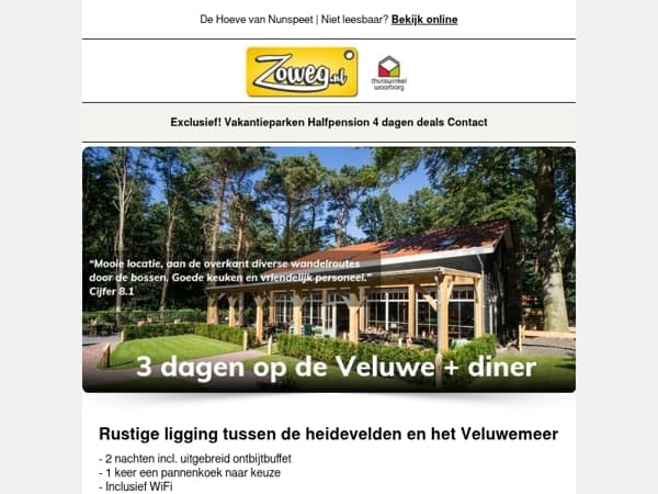 3 dagen Veluwe + diner v.a. 89,50