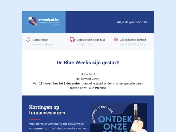 Blue Weeks zijn gestart 🎉 Ontdek snel onze kortingen